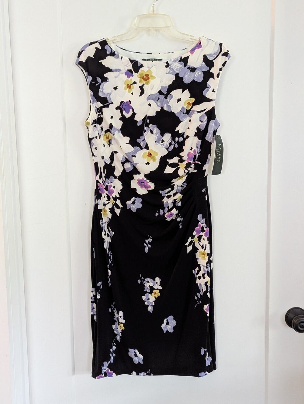 NWT Lauren Ralph Lauren Floral Ruched Sheath Dress Sz 10 Black Purple Bodycon
